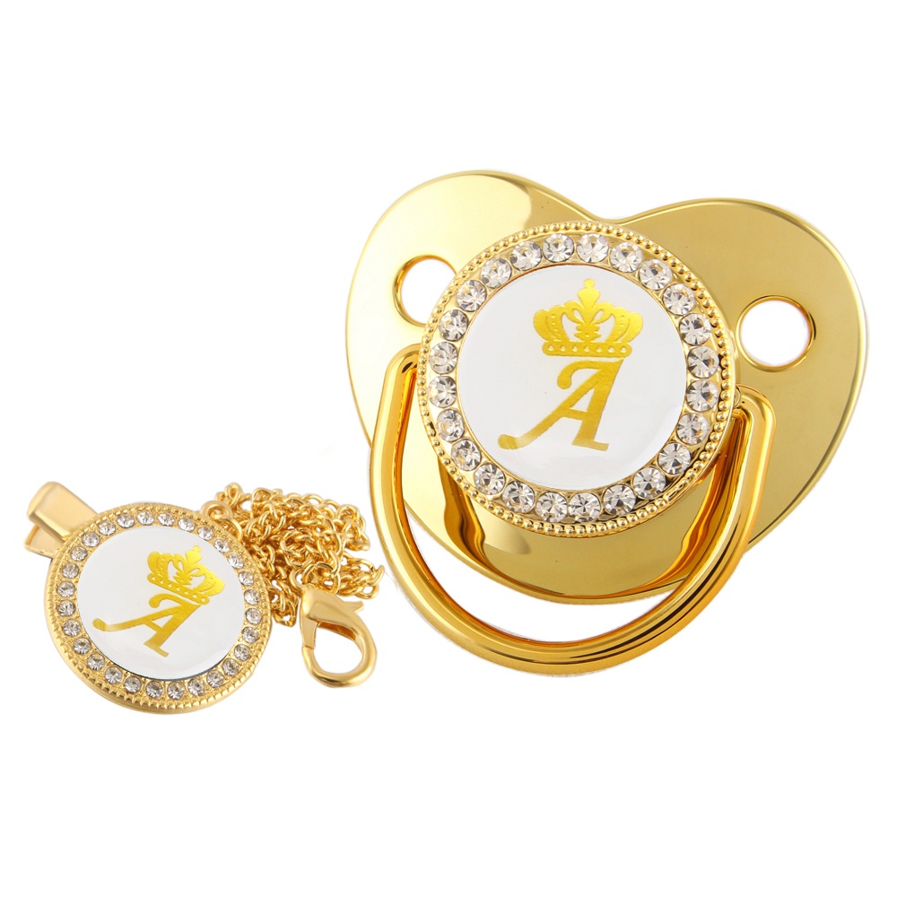 Chupeta De Bebê Coroa Dourada 26 Letras Com Clip Corrente