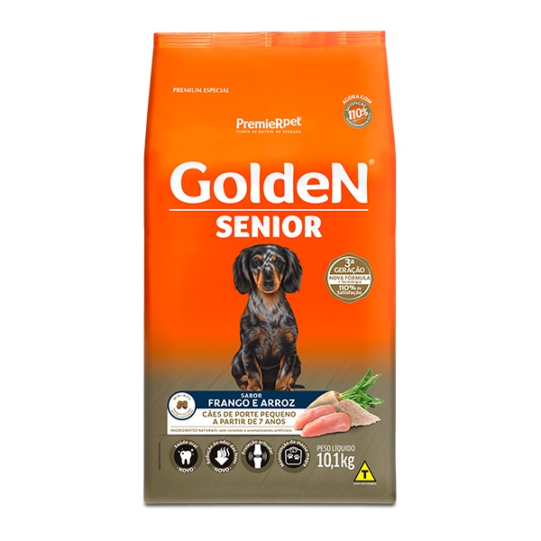 Ração Golden Senior Mini Bits para Cães Adultos de Pequeno Porte Sabor Frango e Arroz - 10Kg