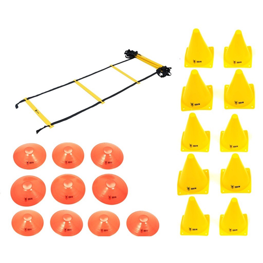 Kit Funcional Escada Agilidade Pvc + 10 Cones Amarelos + 10 Chapeu Half Laranja