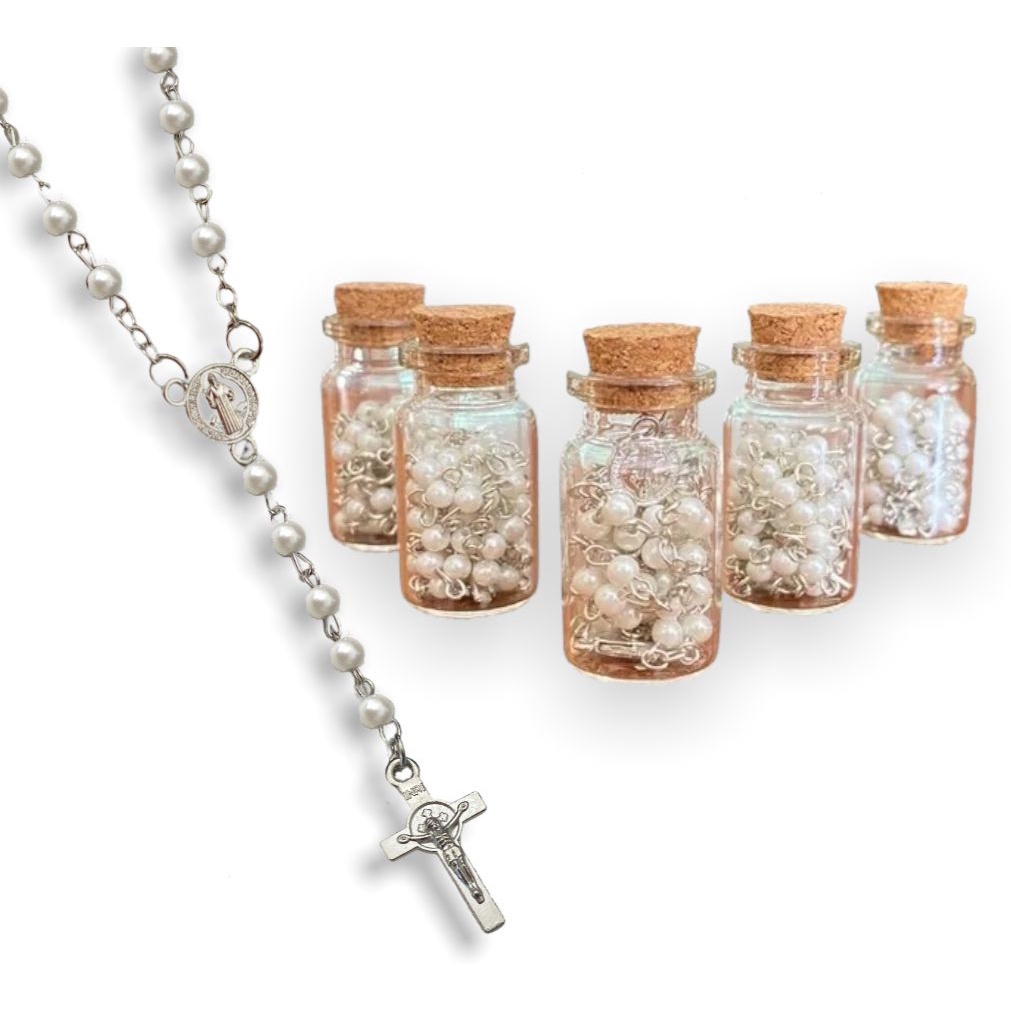 Terço Garrafinha São Bento Medalhas Perola Branca em Oferta na Shopee