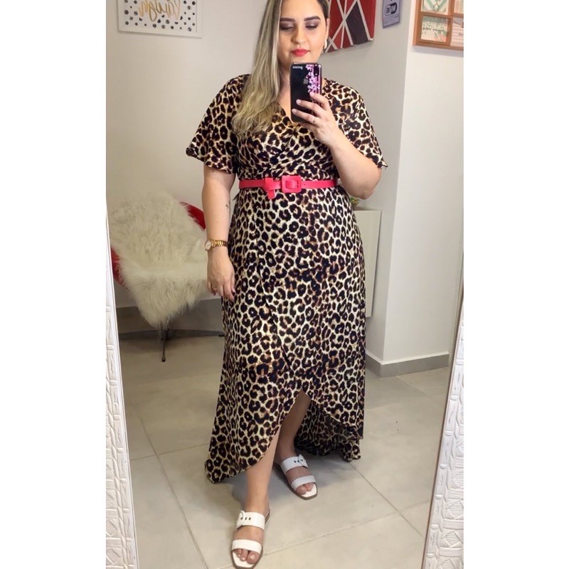 Vestido Envelope Midi Longo Transpassado Gola V De Amarrar De Manga Tecido Viscose Animal Print Onca Bolinha Poa Azul Estampado Tamanho M G Shopee Brasil