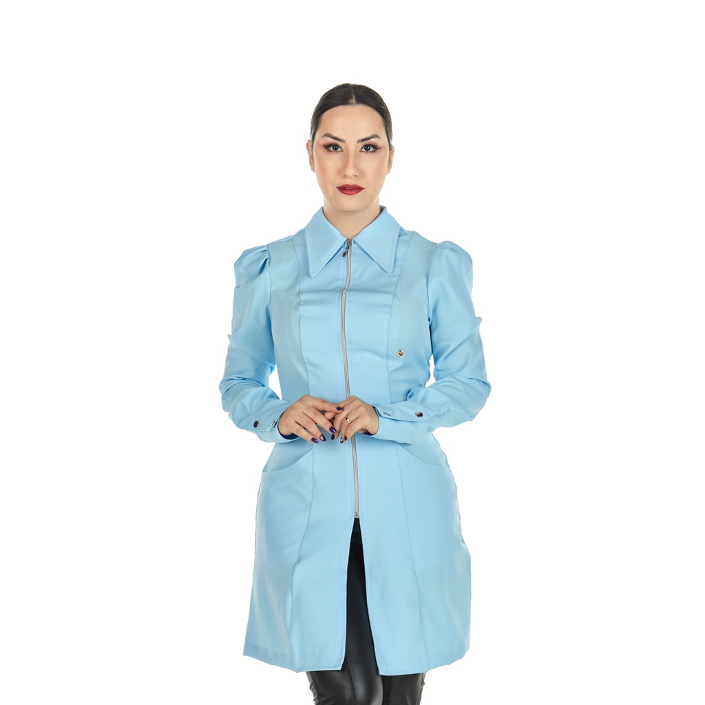 Jaleco Feminino Alfaiataria Acinturado Azul Bebê Profissional Clínica Consultório Esteticista Salão de Beleza Estudante