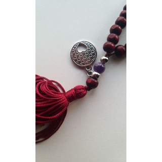 Japamala 108 contas de madeira vinho e meru pedra natural ametista e placa hoponopono em Oferta na Shopee