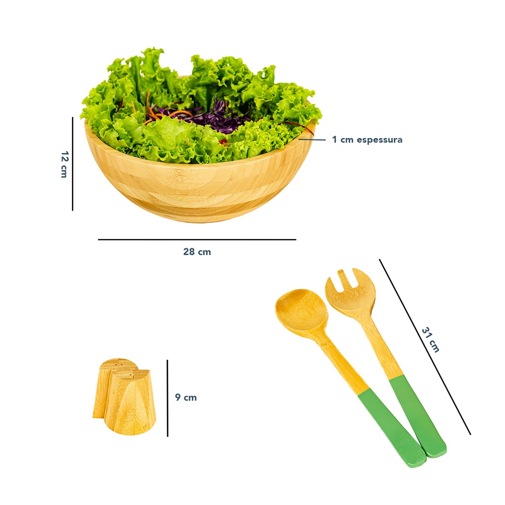 Detalhes do Kit Bowl Salada Com Saleiro Pimenteiro E Pegador De Bambu