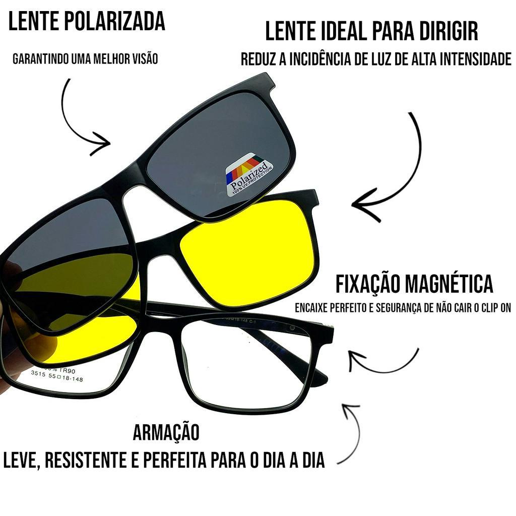 Armação de Óculos e Clip On Solar 3 em 1 preto e amarelo masculino