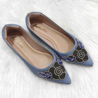 Sapatilha Bico Fino Jaqueline Costa Jeans Com Pedraria Flor