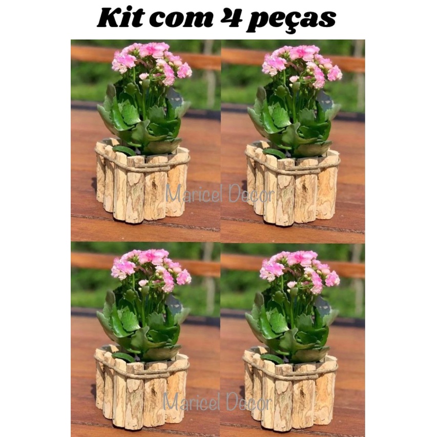Kit 4pçs Vaso Cachepô 15x15cm Crisântemo Madeira Café Rústico