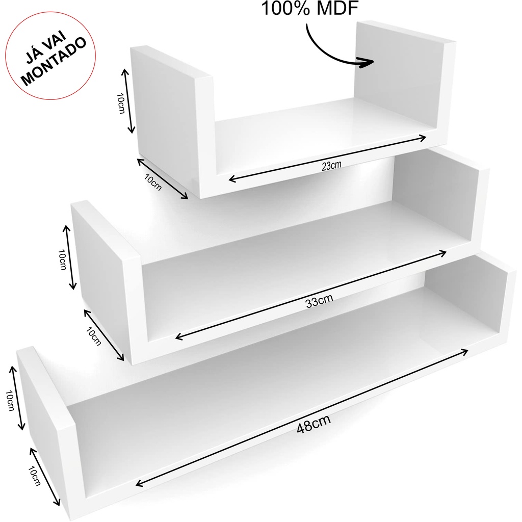 Kit 3 Prateleira U Nicho 23/33/48 Branco 100% Mdf tx Sala Quarto Banheiro