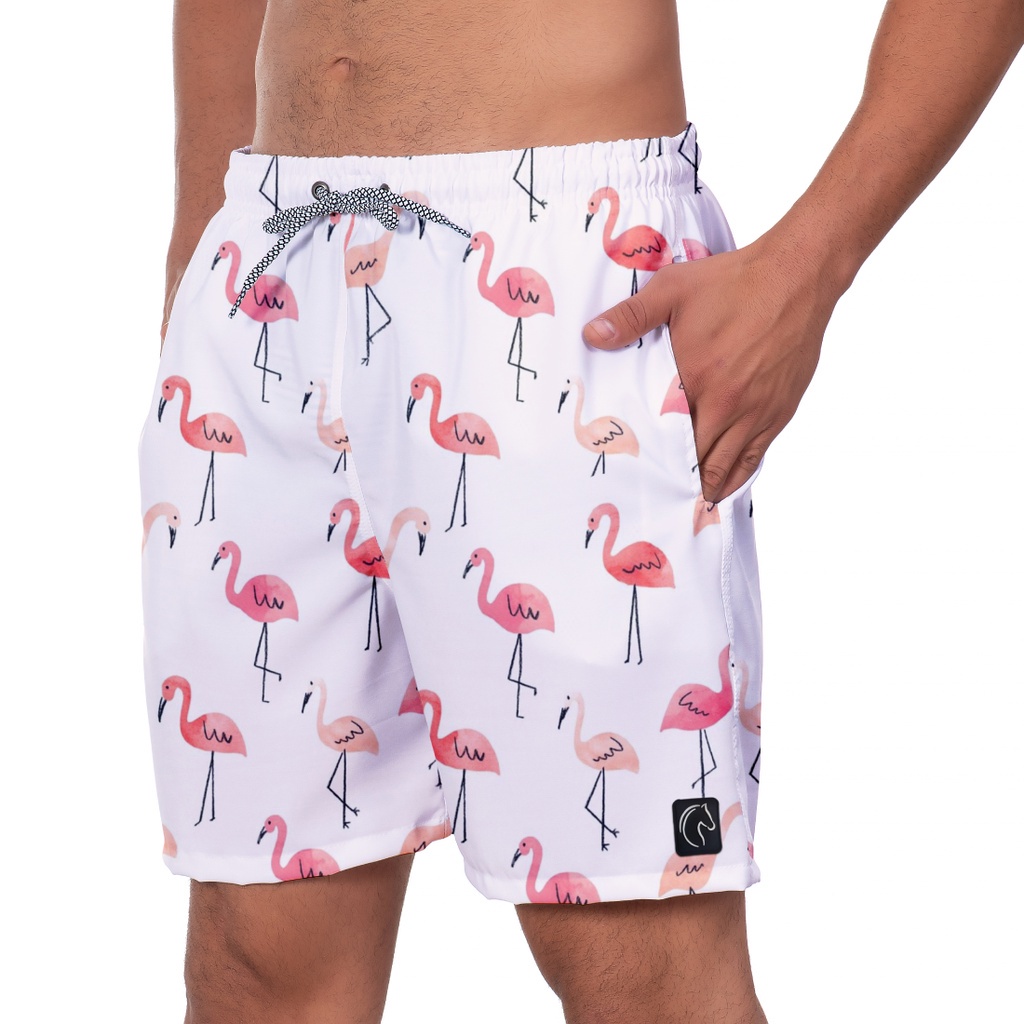 Short Masculino Animal Print Flamingos Bermuda Masculina Premium Leve Moda Praia Casual Durável Seca Rápido