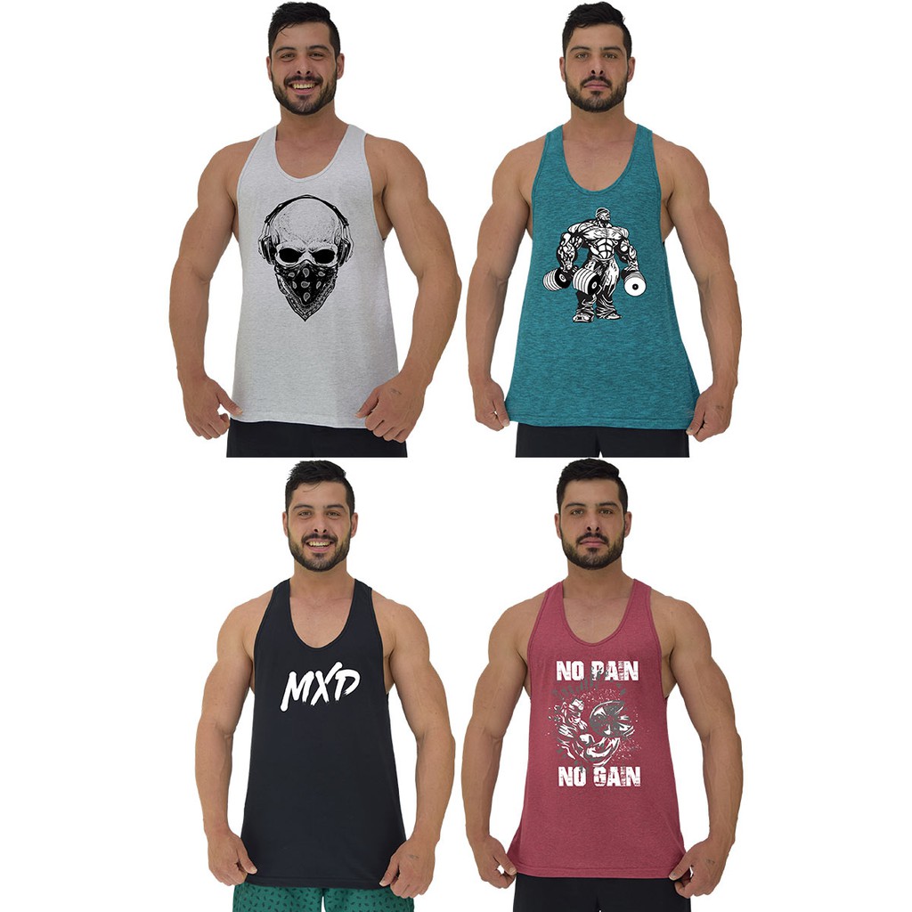 Kit 4 Regatas Cavadas Masculino MXD Conceito Casual Caveira Gangster, Monster, MXD Classico e No Pain No Gain Nas Cores Branco, Nuno Azul, Preto e Mescla Vermelho