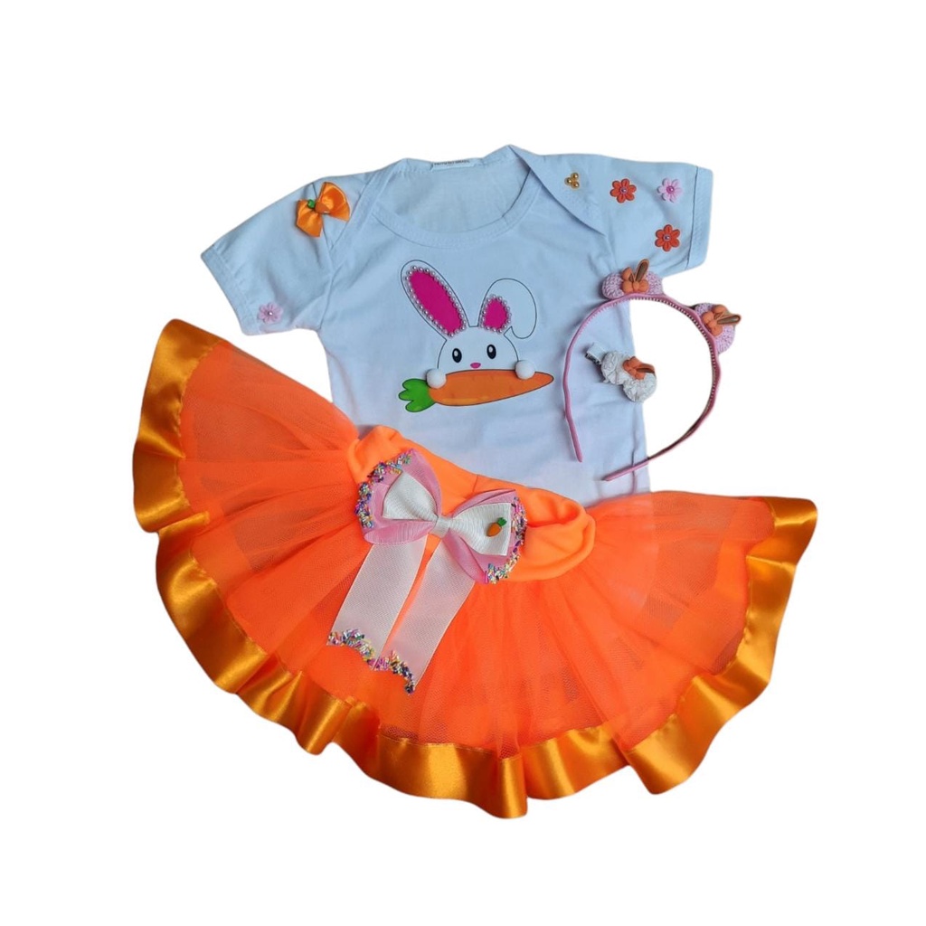 Conjunto Bebê Páscoa Menina Infantil Mesversário C/ Saia, Tiara e Body Coelhinho