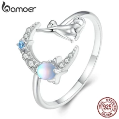 Bamoer 925 Prata Elegante Ajustável Lua E Gato Anel De Abertura Joias Da Moda