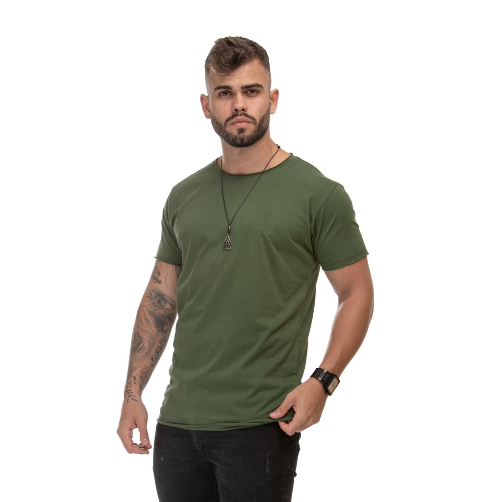 Camiseta Gola Canoa Verde Militar 100% Algodão Fio 30.1 Premium