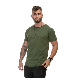 Camiseta Gola Canoa Verde Militar 100% Algodão Fio 30.1 Premium
