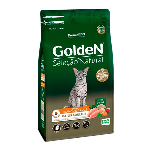 Ração Golden Seleção Natural para Gatos Adultos Sabor Frango e Arroz - 1Kg - Pets