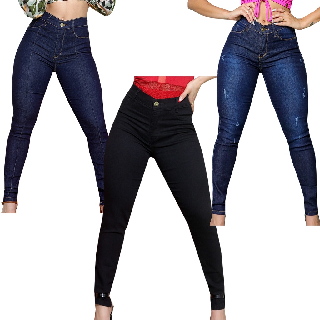 3 Calças Femininas Jeans Lycra  Cintura Alta Até o Umbigo 34 36 38 40 42 44 46 em Oferta na Shopee