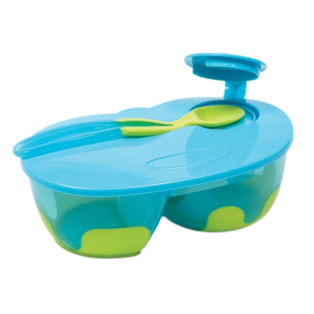 Kit Refeicao Infantil  320ml Bebe Com Divisoria e Colher Base Antideslizante Azul Menino Buba 5806