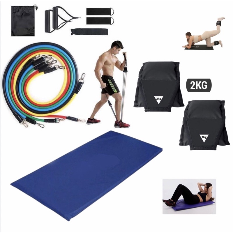 Kit Academia Funcional Colchonete + kit de 11 Elástico + Tornozeleira/Caneleira 2kg (Par)