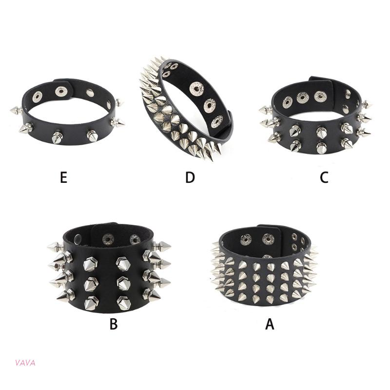 Pulseira De Couro Sintético Preta Estilo Punk Rock Com Spike Cravejado Rebite