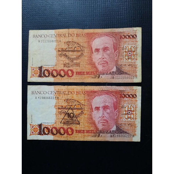 Brasil = 02 cédulas dez mil cruzados uma c/carimbo de dez cruzados novos anos 1988 e 1990 Mbc+