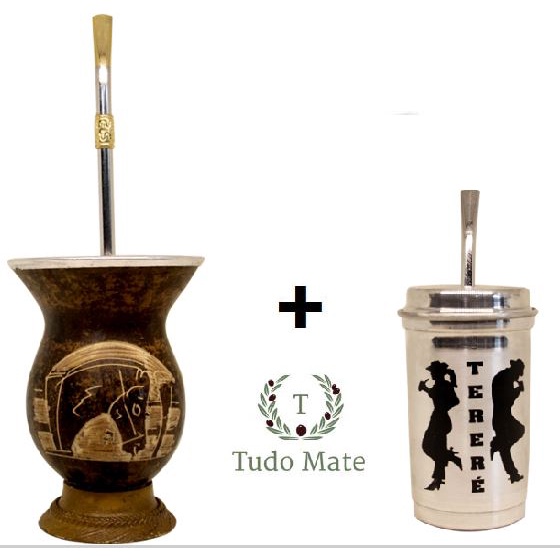 Cuia para Chimarrão com Bomba (Taça Martelada Cavalo) + Cuia Copo Para Tereré em Alumínio com Tampa e Bomba