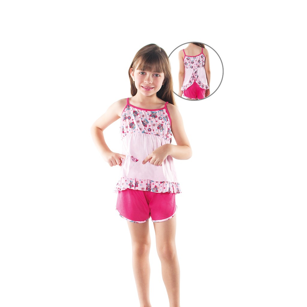 Pijama Infantil Feminino Short Doll Conjunto Abertura Nas Costas Com babado Malha Tecido Liso E Estampado