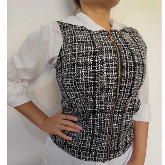 Colete Tricot Pied Poule Modinha Blogueira Inverno Feminino Cropped Preto Lã Assimétrico Pata de Galo elegante Blazer