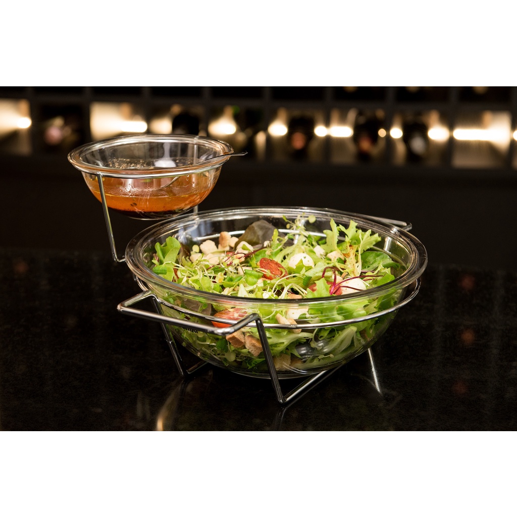 Kit Saladeira Molheira Vidro Grande Com Colher Suporte Inox