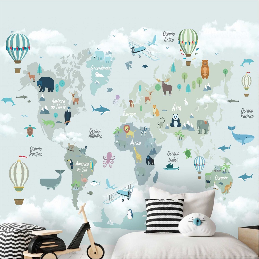 Papel De Parede Mapa Infantil Zoo Safari Balões Painel Adesivo G1205