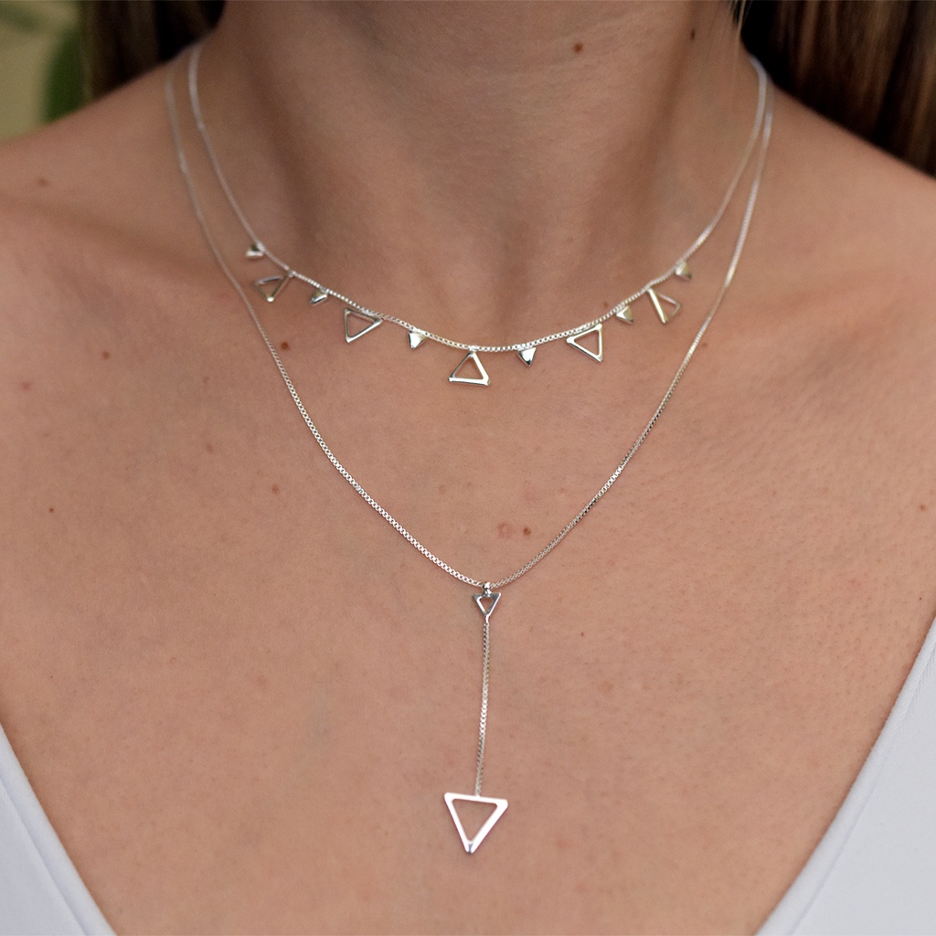 Colar Choker + Colar Triângulo Feminina Banhado Prata 925