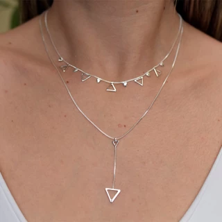 Colar Choker + Colar Triângulo Feminina Banhado Prata 925