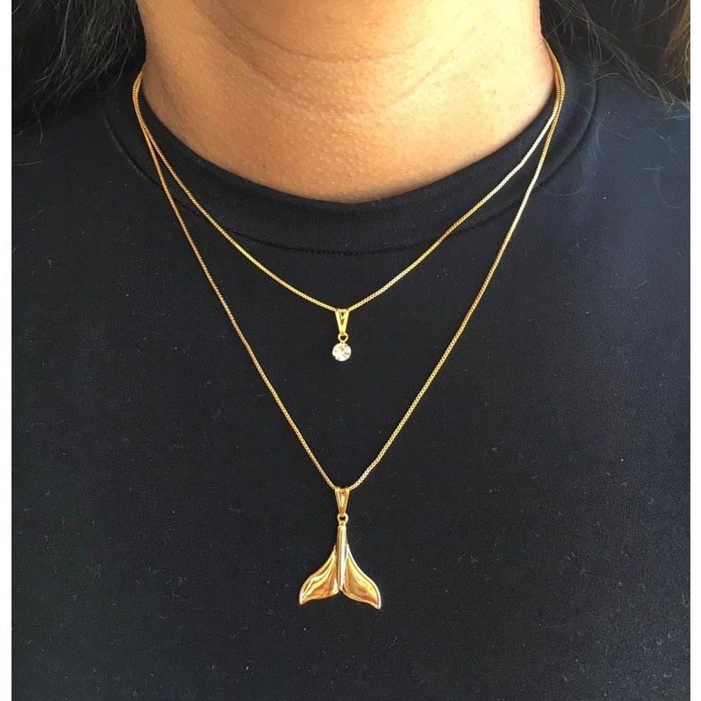 Colar Feminino Choker Duplo Calda Rabo de Sereia + Cordão Corrente Pingente Ponto de Luz Folheado a Ouro 18K