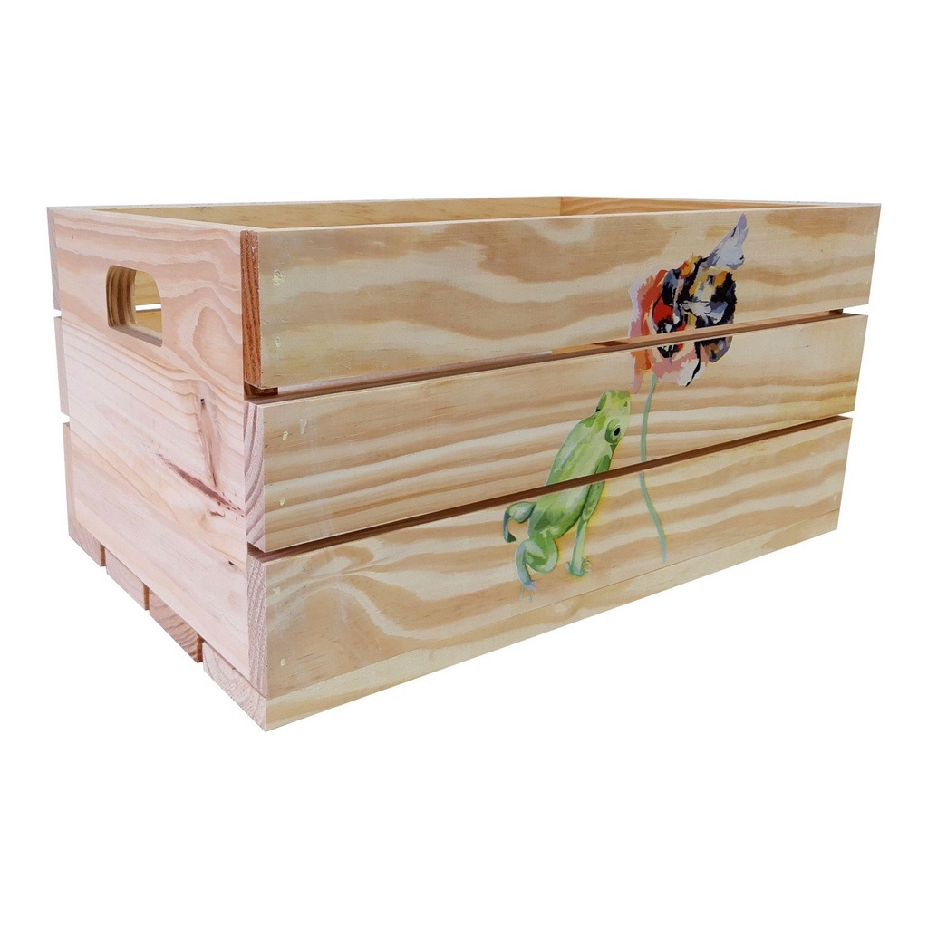 Caixote Decorativo 50cm em Madeira de Pinus com Estampa - Sapo e Abelha na Flor