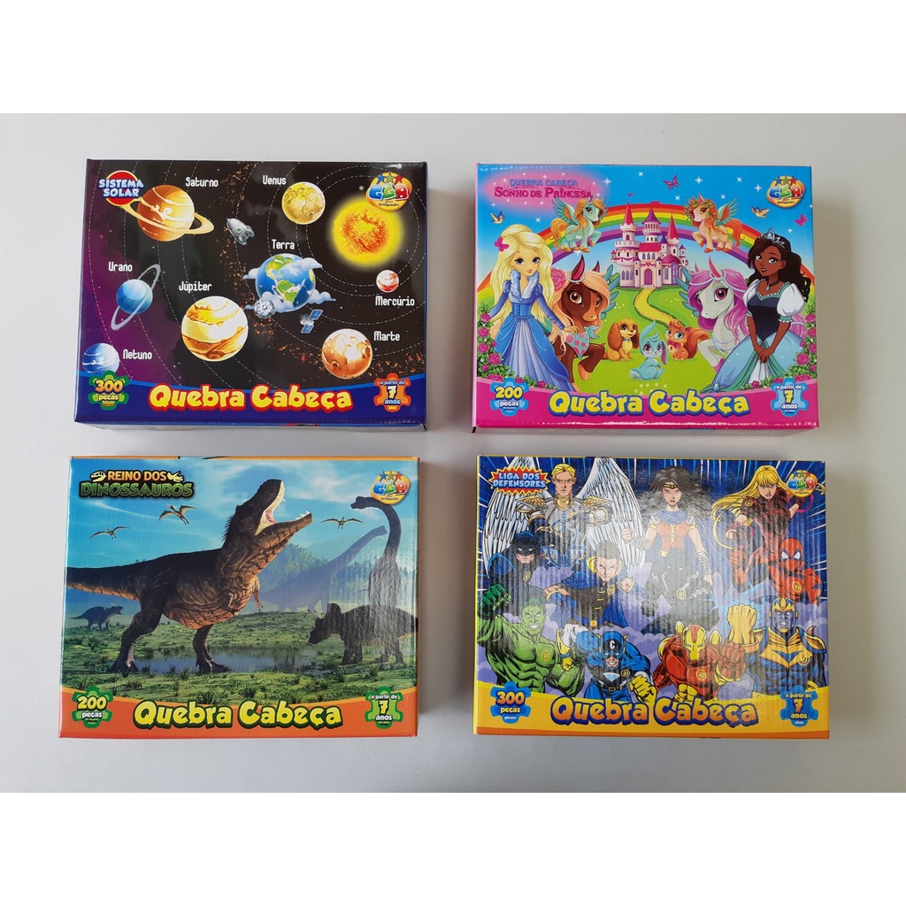 Quebra Cabeça Infantil +7 Anos - 200 ou 300 Peças - Sistema Solar / Princesas / Dinossauro / Heróis - GGB