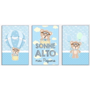 KIT 3 QUADROS INFANTIL URSINHO azul em Oferta na Shopee