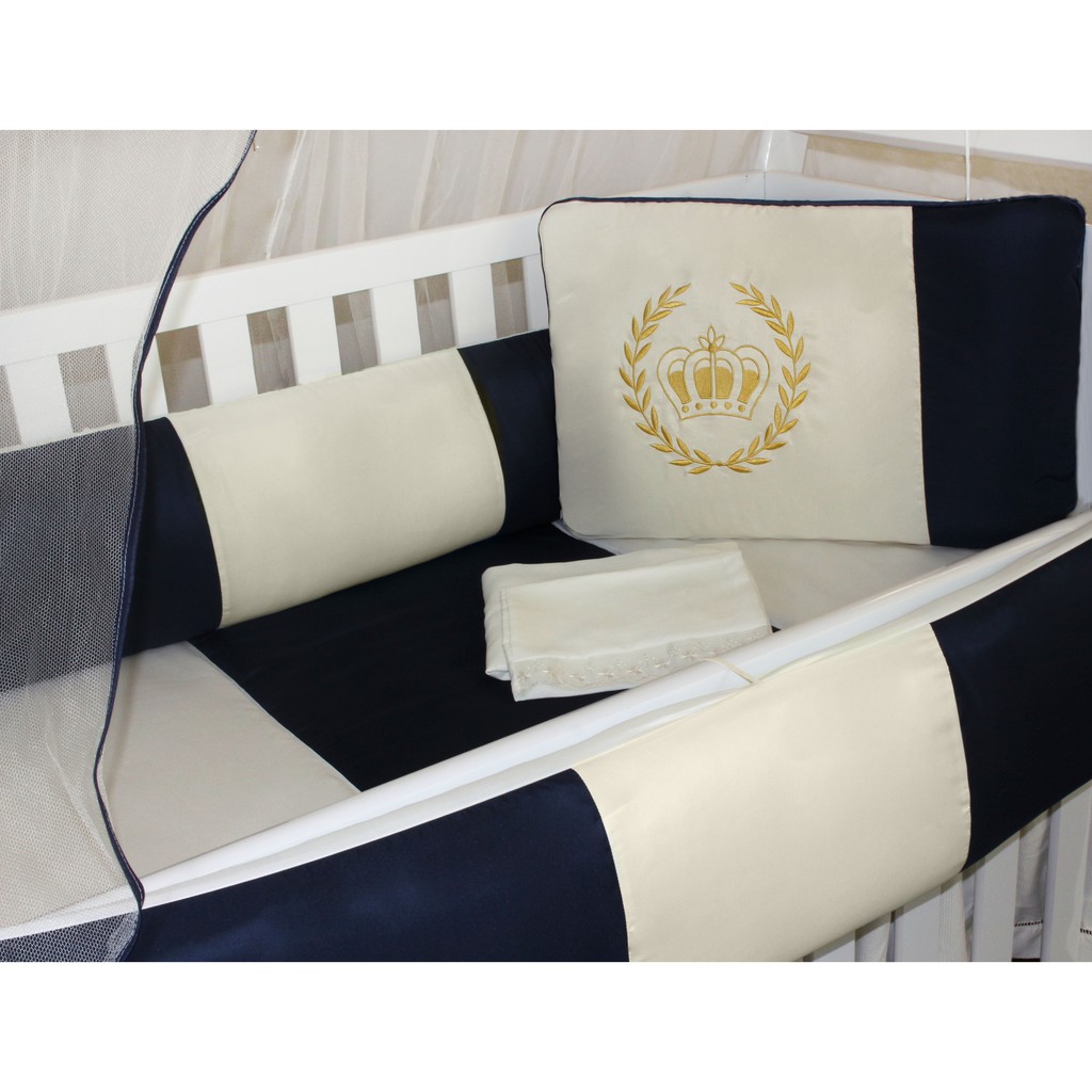 Kit Protetor de Berço Kids com Mosquiteiro Comum 7 peças Realeza Marinho com Cáqui