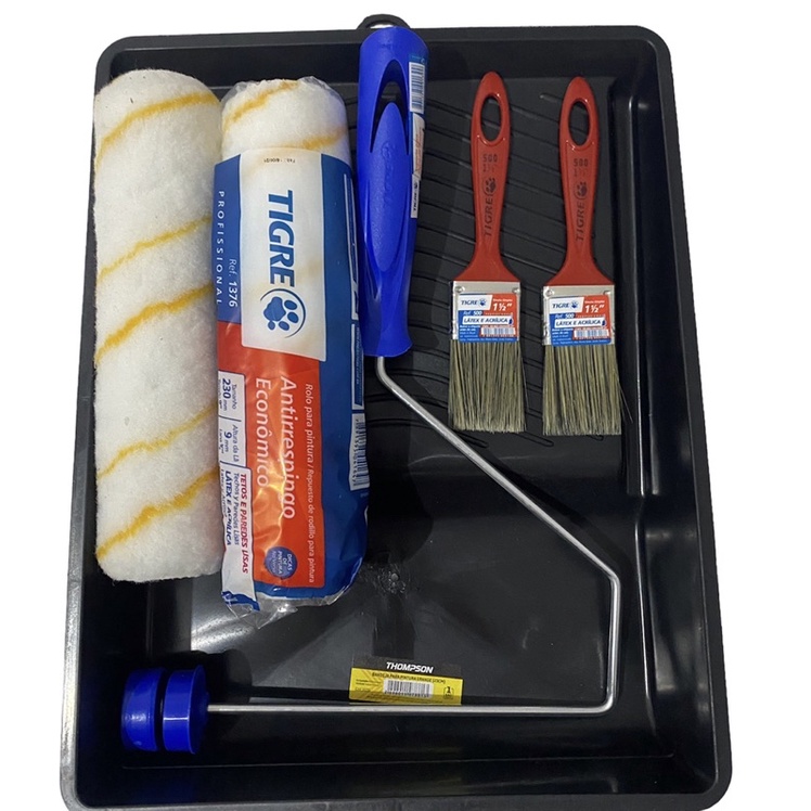 Kit Pintura Casa Parede Rolo Lã Anti Respingo Pincel E Bandeja 6 Peças Tigre