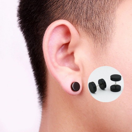 Brinco falso alargador preto 8mm aço inoxidável 1 par