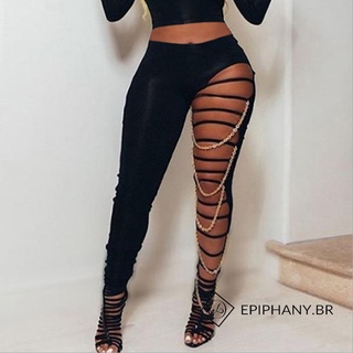 ✥ KU ❀ Calça Elástica Feminina Sexy Recorte Rasgada Cintura Média