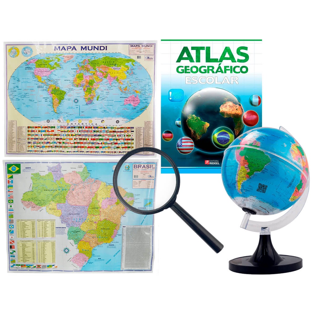 Kit Globo Terrestre Cm Profissional Lupa Atlas Mapa Mundi Mapa Do Brasil X Cm