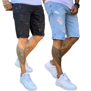 Lote 2 Bermudas Jeans Masculina Sem Elastano Rasgada Destroyed