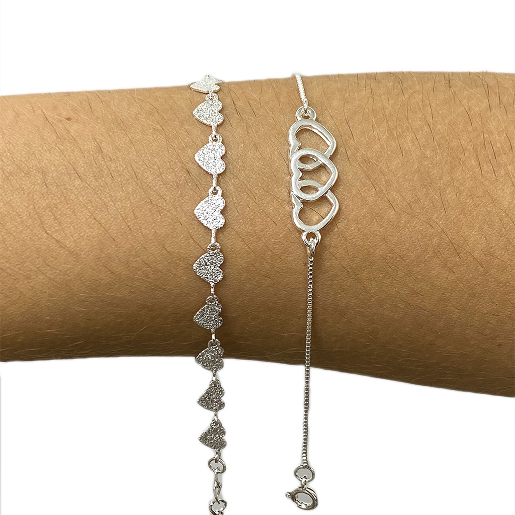 Kit 2 Pulseiras Femininas Folheadas Banhadas a Prata 925 Corações