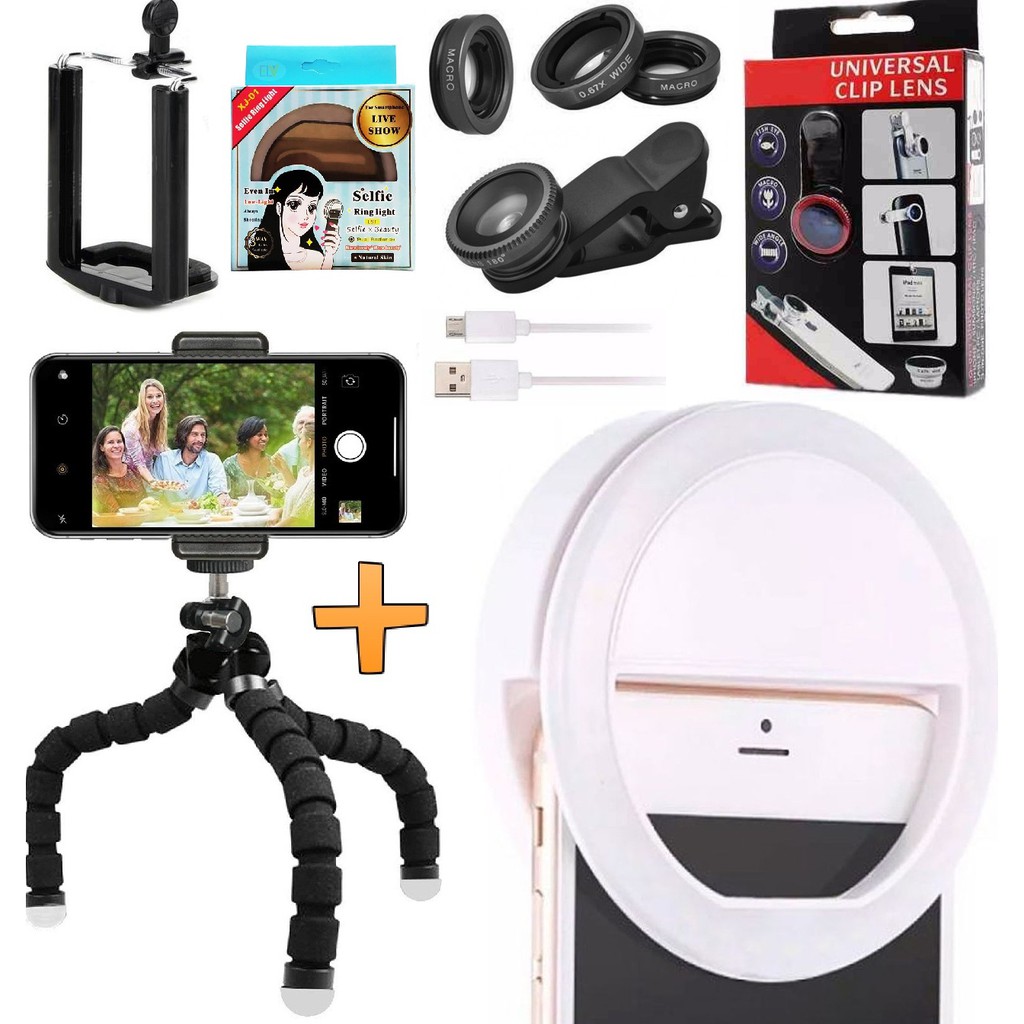 Kit Youtuber Mini Tripé Flexível Kit Lentes Olho de Peixe + Luz Selfie Ring Light Iuminador Celular Smartphone Universal Gravação de Vídeo Selfie Foto Iphone Android