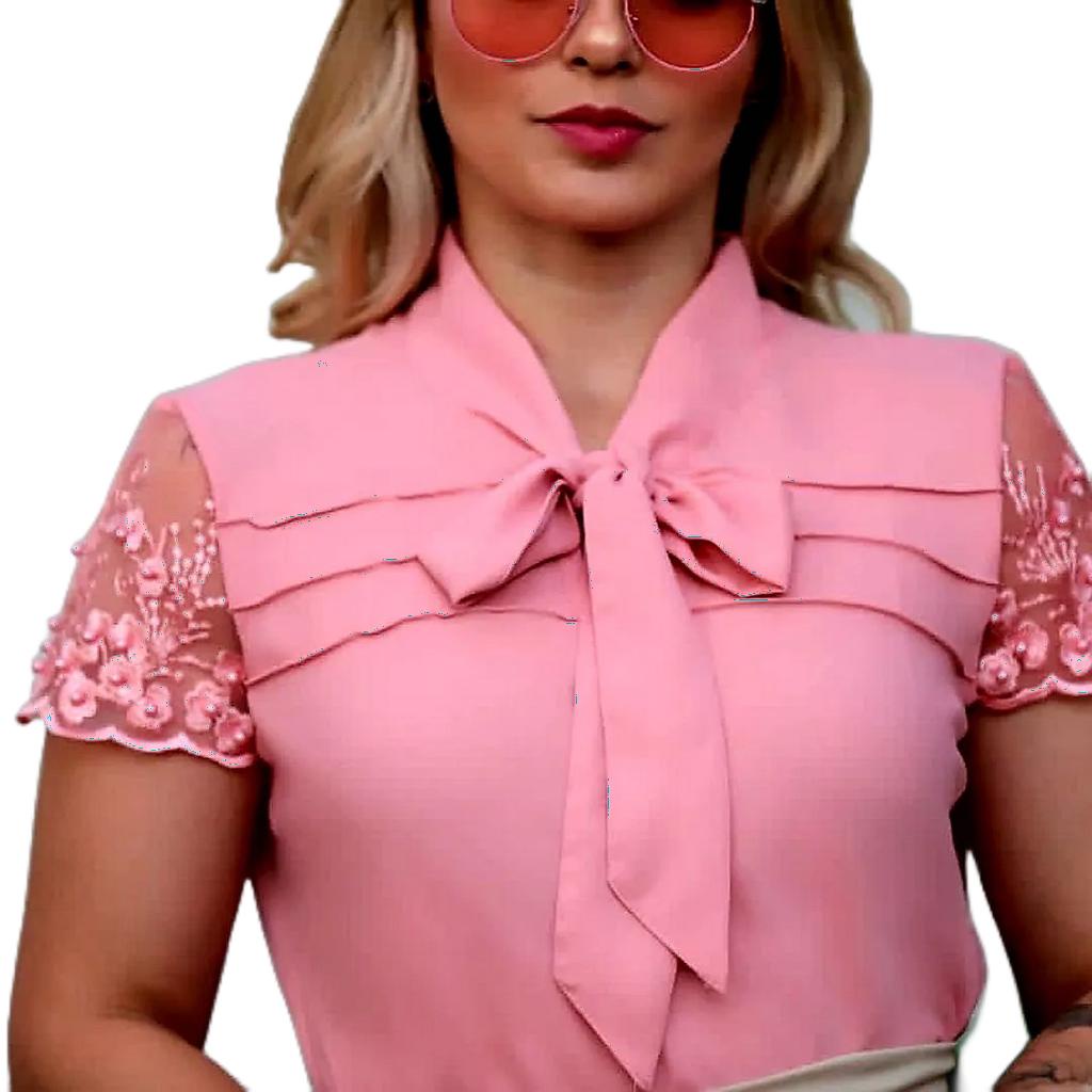 02Za Blusa camisa feminina manga curta gola laço gravatinha  moda evangélica bordada