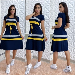 Vestido semi godê em viscolycra, com cordão de ajuste na cintura