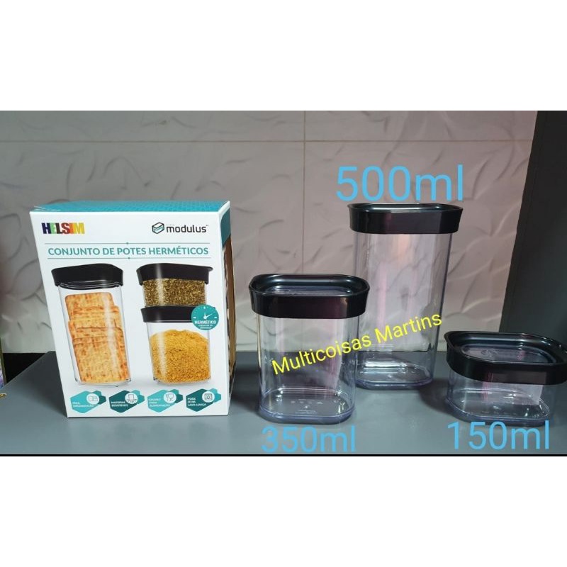Kit 3 potes herméticos acrílico vedação, organização de armários, geladeiras, temperos, grãos farinhas