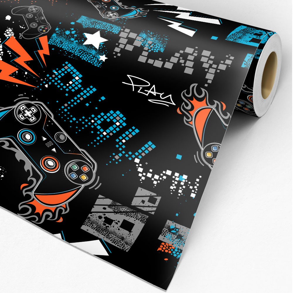 Papel de Parede Para Quarto Gamer Video Game Controle Game Azul Preto Adesivo Lavável