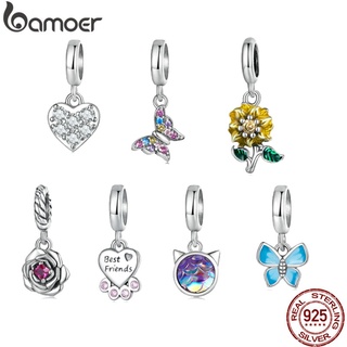 Bamoer Pingente 925 Coração De Prata Rosa Girassol Borboleta Gato Charme Beads Para As Mulheres Menina Diy Colar Pulseira Acessórios