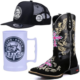 Bota Texana Feminina Country Bordada Bico Quadrada Com Kit