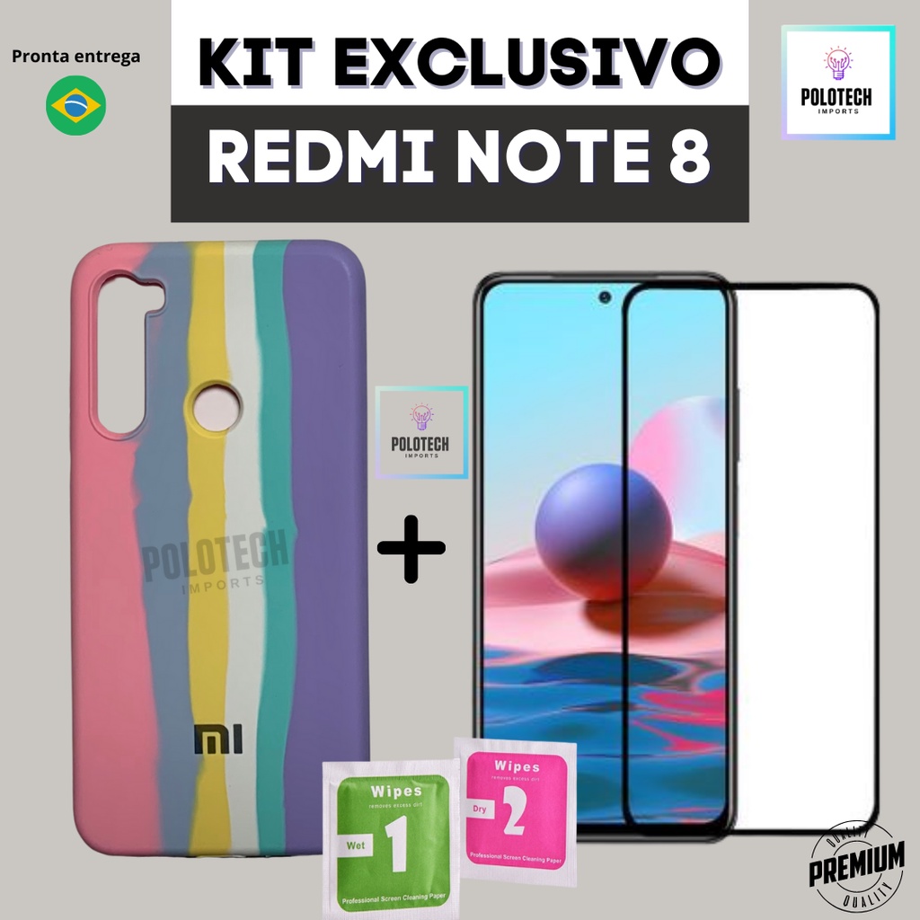 Kit Capinha Premium Redmi Note 8 Xiaomi Arco Íris Colorida Silicone Aveludada com Logo Proteção Total - Pronta Entrega no Brasil